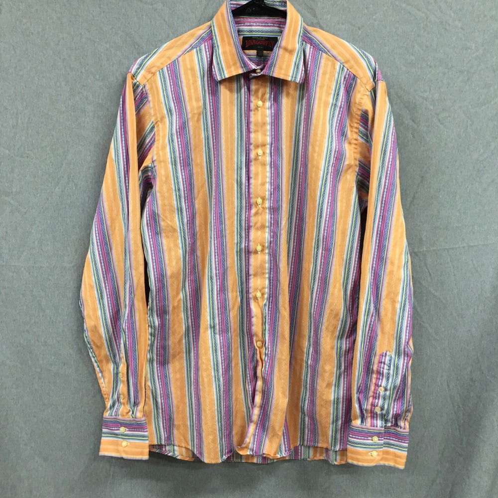 Dragonfly Rock 'N'‎ Roll Vision Mens Striped Long Sleeve Shirt Large Vintage
